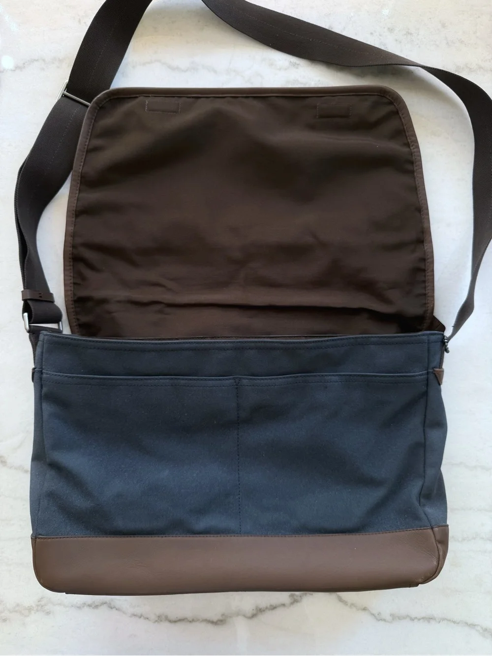 Coach Men's Navy Canvas Messenger Bag with Brown Leather Trim